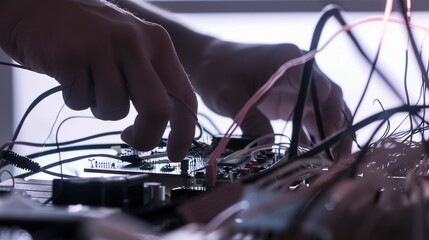 Poster - Worker testing electronic components on a breadboard, hands and wires visible, clear focus, controlled light. 