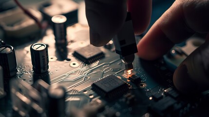 Poster - Close-up of hand placing a battery into an electronic device, detailed assembly, focused ambient light. 