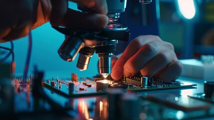 Poster - Electronic inspector using a microscope to check solder joints on PCBs, detailed view of board and scope, bright light.