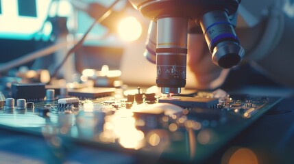 Poster - Electronic inspector using a microscope to check solder joints on PCBs, detailed view of board and scope, bright light.