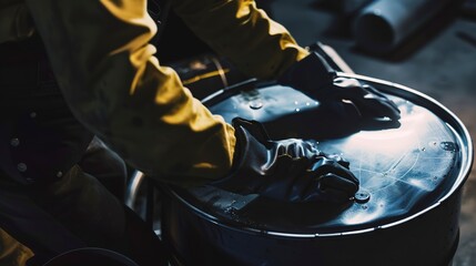 Poster - Worker sealing chemical drums, detailed view of hands and drum lid, focused, harsh industrial light.