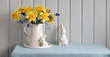 bouquet of yellow daffodils and blue hyacinths in a white jug on the table, Easter bunny, festive background. copy space.