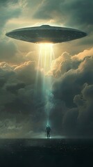 Wall Mural - majestic ufo encounter with a solitary figure at dusk