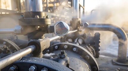 Poster - Close-up on a geothermal plant control valves, sharp focus on steam and metal, ambient industrial light. 