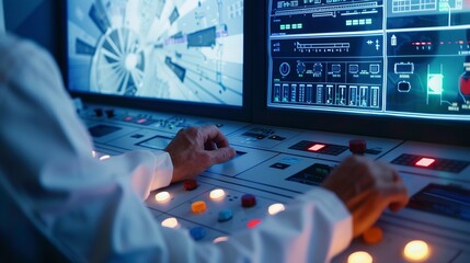 Poster - Technician monitoring nuclear reactor core, close-up on control panel and glowing indicators, focused light.