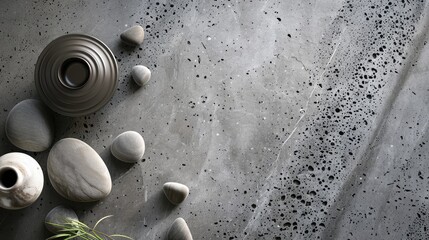 Poster - Decorative stones and vase on grey textured background. Top view.