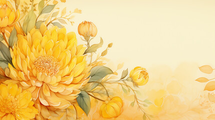Wall Mural - Yellow watercolor paint background with white hand drawn flowers and indian patterns.
