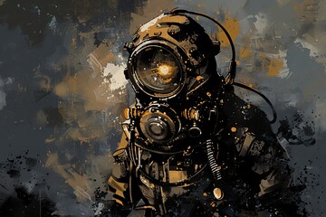 Wall Mural - Illustration depicts a deep-sea diver enveloped in an abyss of darkness, with only the faint glow of their helmet light breaking through the inky blackness.