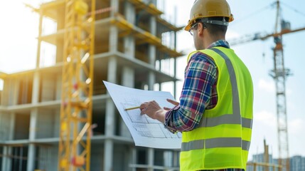 A construction worker wearing a hard hat and high-visibility clothing examines a blueprint at a building site. AIG41