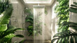 A tranquil and eco-friendly bathroom shower surrounded by lush greenery, embodying a natural oasis.