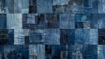 intricately patched blue denim textures, symbolizing sustainability and fashion.