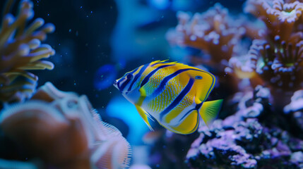 Regal angelfish gliding serenely through a vibrant coral reef underwater.