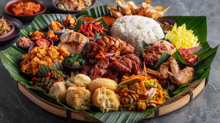 Poster - A large platter overflowing with various Malay dishes like rendang, ayam masak merah, and kerabu, perfect for a family gathering