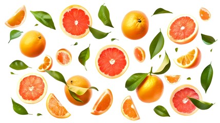  Fresh citrus fruits spread on white background. Orange and grapefruit slices artfully arranged with leaves. Ideal for healthy lifestyle themes. Vibrant, refreshing design. AI