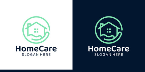 home care logo design. house building logo with hand design graphic symbol icon vector.