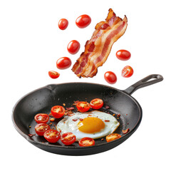 floated Fried egg, bacon and cherry tomatoes flying into iron skillet isolate on transparency background PNG