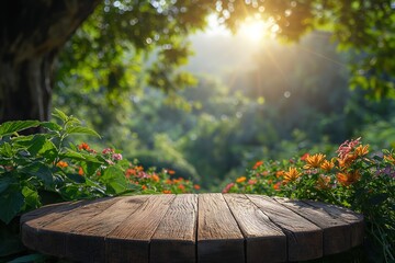 Wall Mural - Table and garden. Empty top of wooden table or counter with nature background. For product display