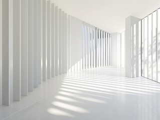 Wall Mural - A spacious minimalist interior with white columns casting shadows on a sleek floor.