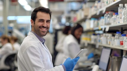 Aufkleber - Smiling male scientist working in the lab, holding a tablet. Professional, clean, healthcare innovation. Modern laboratory setting. AI