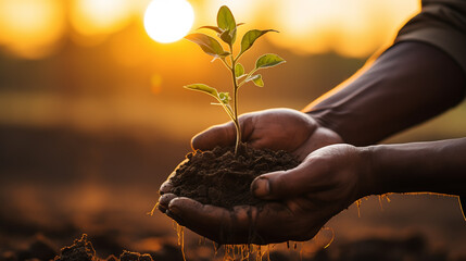 Wall Mural - hands with seedlings on sunset background. Spring concept, nature and care.