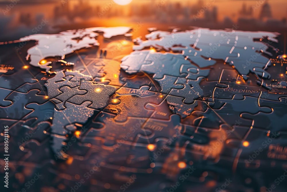 World map with data connections forming a complex puzzle, representing ...