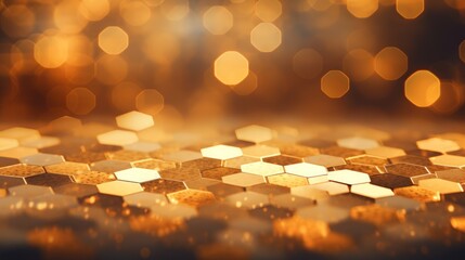 Canvas Print - Golden hexagon and circle bokeh with glitter, neon lights, and depth of field.