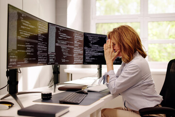 Wall Mural - Unhappy Sad Developer Programmer Woman In Stress Coding Software