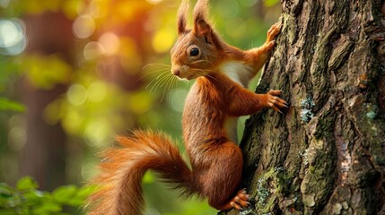 Wall Mural - Close-up of a vibrant red squirrel climbing a tree in autumn