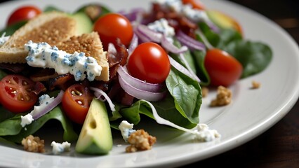Wall Mural - Fresh salad with tomatoes, spinach, blue cheese and prosciutto