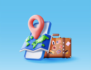 Poster - 3D vintage travel bag, world map and pin in smartphone. Render leather classic travel bag with stickers and map. Travel, holiday or vacation. Transportation, online booking app. Vector Illustration