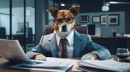 Wall Mural - A dog in a sharp suit, attentively managing paperwork and files