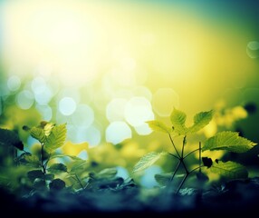 Wall Mural - Serene Nature Background with Fresh Green Leaves and Bokeh Lights