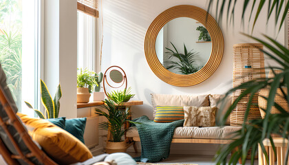 Wall Mural - Collage of stylish interiors with round mirrors hanging on walls