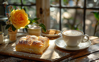 Wall Mural - Food photography of a classic italian breakfast at the coffee shop with cappuccino and croissant or brioche. Natural morning lighting