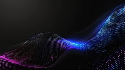 Abstract background with black gradient and blue purple glowing dots on dark wave pattern for digital technology, science or futuristic concept design banner.