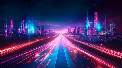 Futuristic night city. Cityscape on a dark background with bright and glowing neon purple and blue lights. Wide highway front view. Cyberpunk and retro wave style illustration.