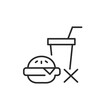 No fast food icon. An icon indicating the prohibition of fast food items like burgers and sodas, commonly associated with unhealthy dietary choices. For use in health education. Vector illustration