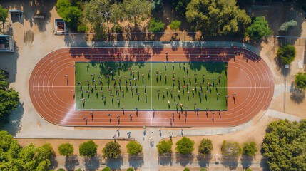 Aerial top perspective view of athletes running, jumping, and throwing in running tracks and football field. Stadium enclosed by lush green  trees. Photo with sport spirit