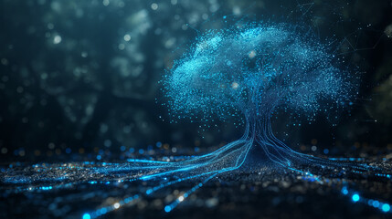 concept of network connection technology or big data, blue cyber polygon tree with futuristic element.