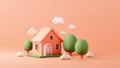 © MeSSrro - A 3D rendered cartoon of a cute house and some trees in yard and some fluffy white clouds in the sky isolated on red pink background.