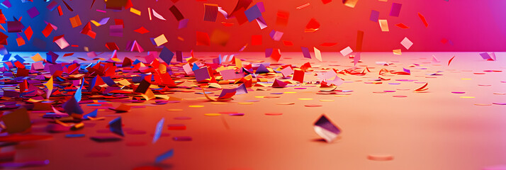 Poster - top view of a beige smooth floor with colorful paper confetti scattered on the floor leaving an empty area in the center, red and purple lighting