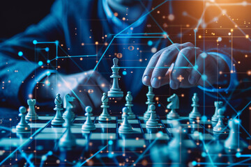 Close-up of a visionary leader's hands strategically moving chess pieces on a digital board, symbolizing innovative leadership in business 
