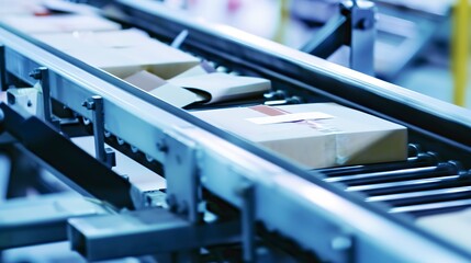 Sticker - Close-up of a conveyor belt sorting packages, detailed view of labels and movement, bright facility light. 