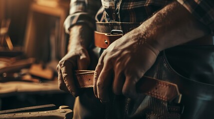 Canvas Print - Close-up of a leather craftsman tooling a belt, focused on hands and tools, detailed texture, workshop light. 