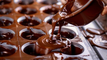 Wall Mural - Chocolatier pouring melted chocolate into molds, close view, glossy sheen, bright focused light. 