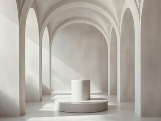 Wall Mural - Modern minimalist interior with elegant arches and a cylindrical podium bathed in natural light.