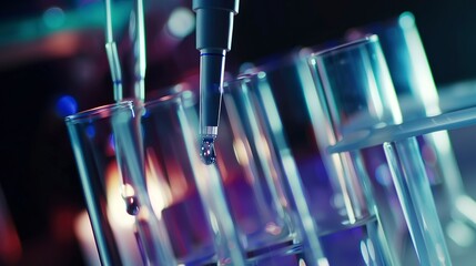 Canvas Print - Close-up of a precision pipette dispensing liquid into test tubes, detailed action, controlled lab light. 