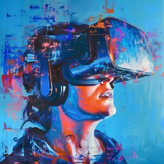 Poster - Futuristic virtual reality experience, young man immersed in VR. Modern technology interface,
