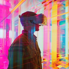 Poster - Businessman with VR headset, exploring virtual reality. Modern technology concept, futuristic