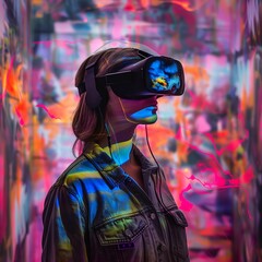 Poster - Woman in neon light wearing modern VR headset, virtual reality goggles. Futuristic technology